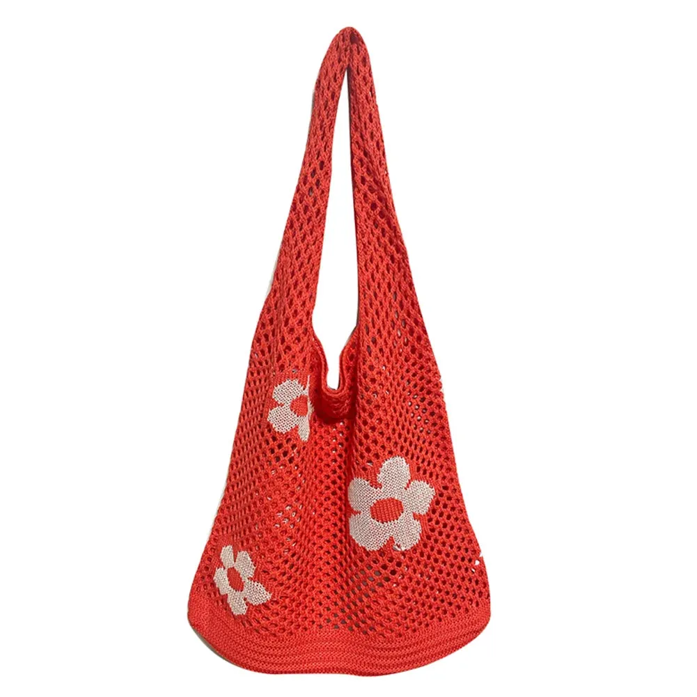 Sohiwoo Fashion Knitted Large Capacity Shoulder Bag Ladies Casual Handmade Beach Mesh Hollow Flower Woven Tote Handbag Women Clutch