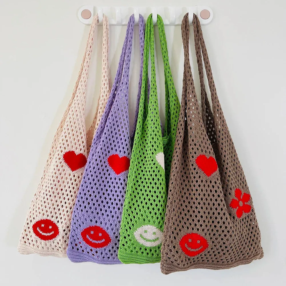 Sohiwoo Fashion Knitted Large Capacity Shoulder Bag Ladies Casual Handmade Beach Mesh Hollow Flower Woven Tote Handbag Women Clutch