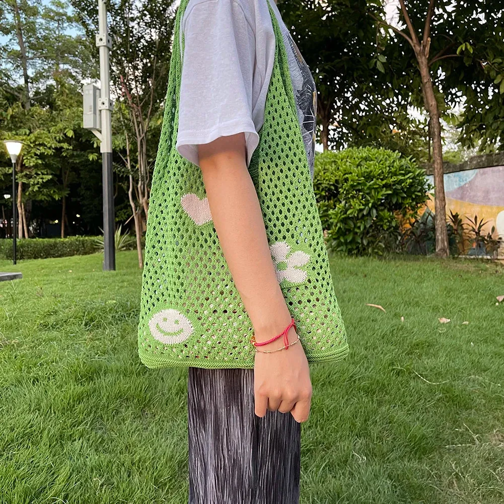 Sohiwoo Fashion Knitted Large Capacity Shoulder Bag Ladies Casual Handmade Beach Mesh Hollow Flower Woven Tote Handbag Women Clutch