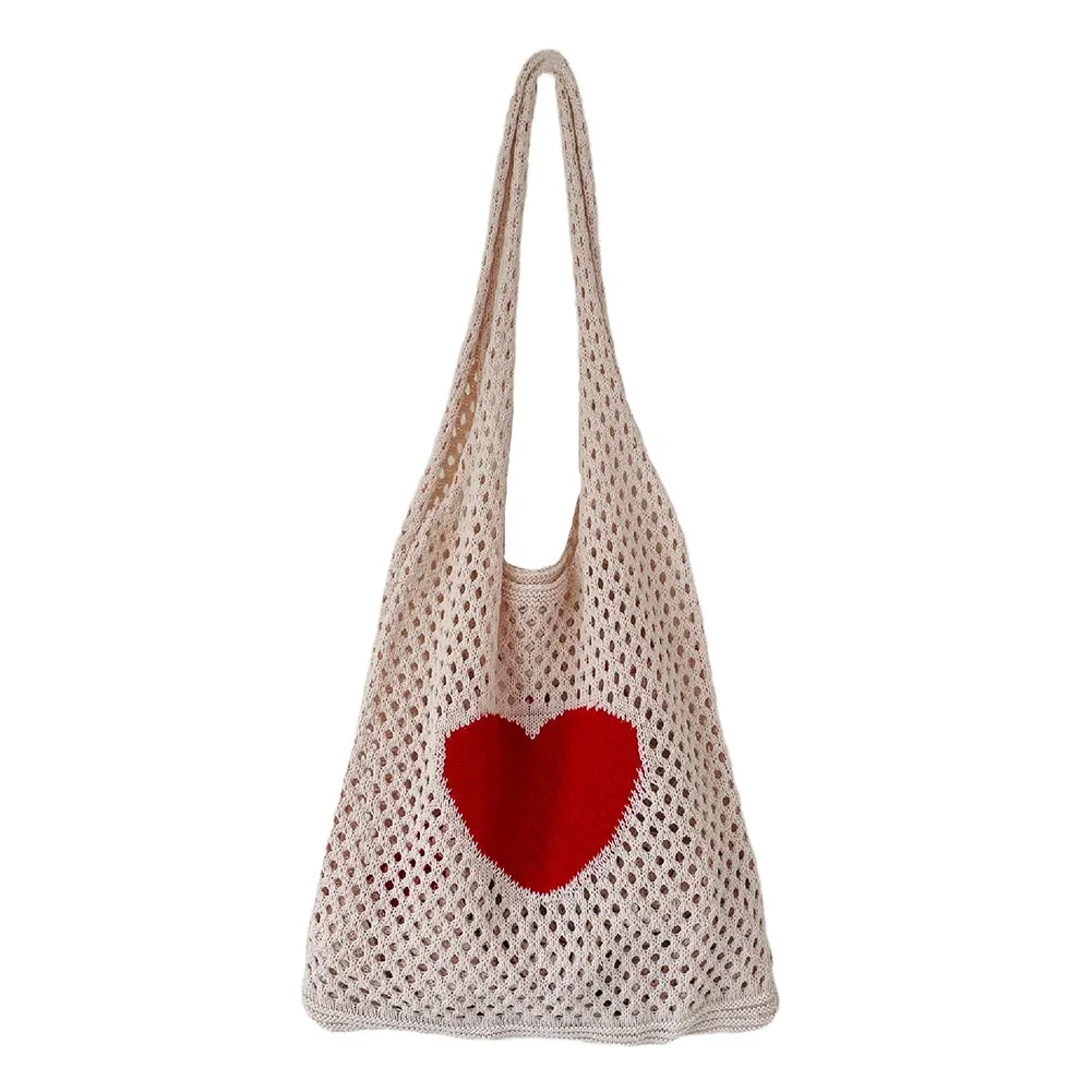 Sohiwoo Fashion Knitted Large Capacity Shoulder Bag Ladies Casual Handmade Beach Mesh Hollow Flower Woven Tote Handbag Women Clutch