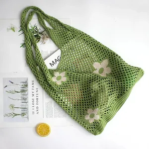 Sohiwoo Fashion Knitted Large Capacity Shoulder Bag Ladies Casual Handmade Beach Mesh Hollow Flower Woven Tote Handbag Women Clutch