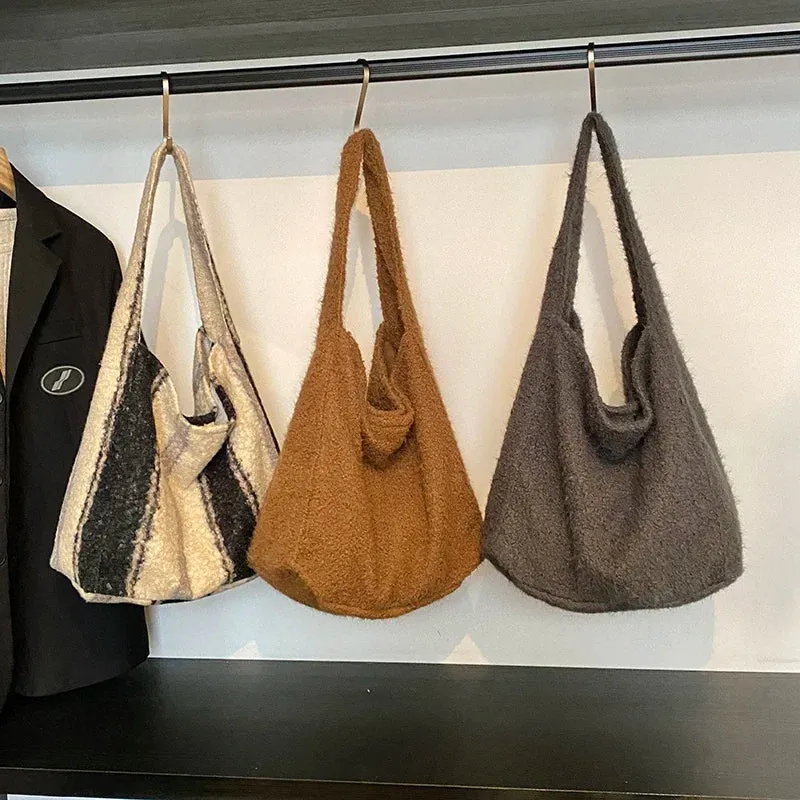 Sohiwoo Flannel Solid Zipper Simple Shoulder Bags Versatile Commuting Bags for Women 2025 High Quality Large Capacity Women's Handbags