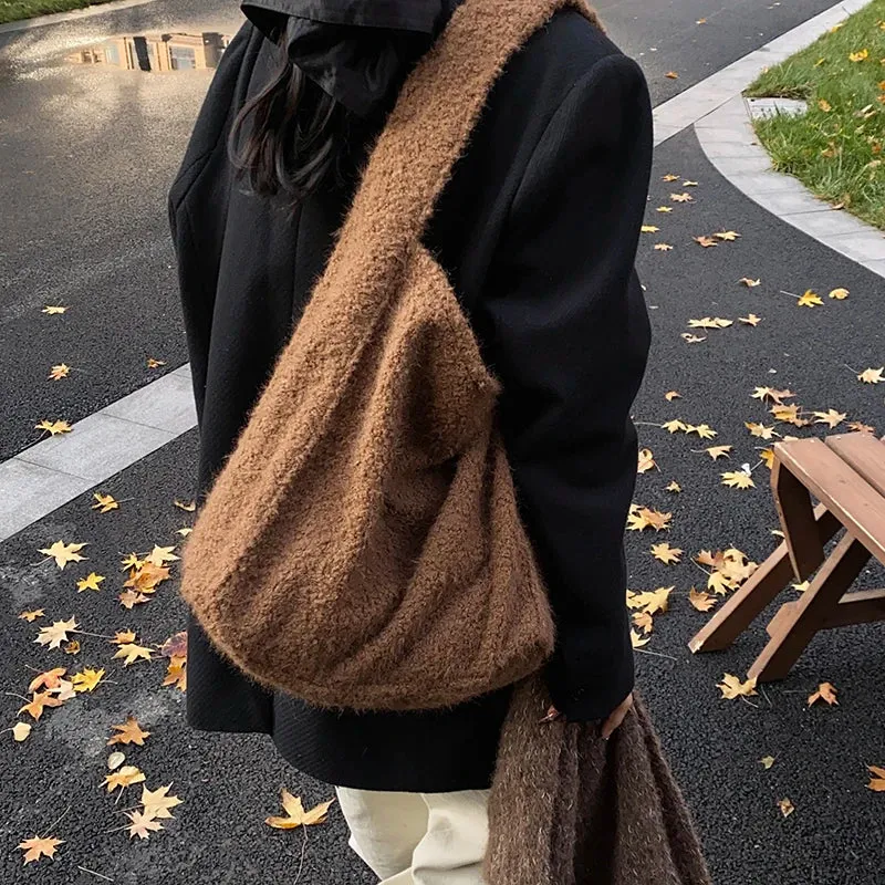 Sohiwoo Flannel Solid Zipper Simple Shoulder Bags Versatile Commuting Bags for Women 2025 High Quality Large Capacity Women's Handbags