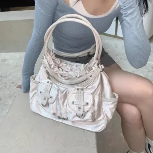 Sohiwoo Y2k White Shoulder Bag for Women Pleated Soft Autumn 2023 New Trendy Tote Bag Multi-pocketed Large Capacity Handbag Sac