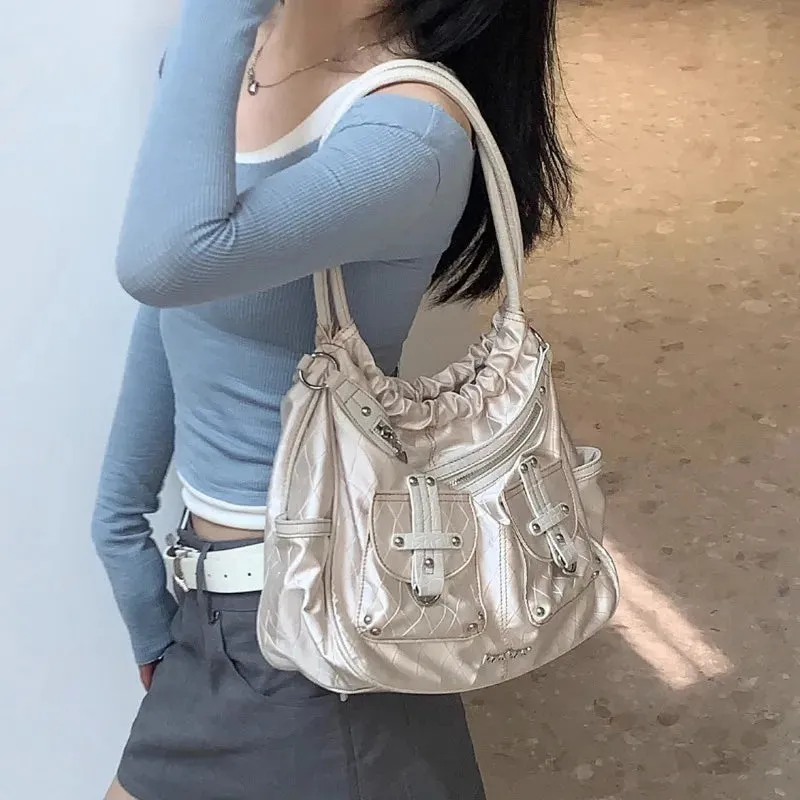 Sohiwoo Y2k White Shoulder Bag for Women Pleated Soft Autumn 2023 New Trendy Tote Bag Multi-pocketed Large Capacity Handbag Sac