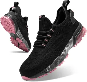 SPIEZ Composite Toe Safety Shoes for Women,Breathable Lightweight Non Slip Work Shoes,Air Cushion Safety Sneakers for Daily Casual Wear and Various Harsh Environments Black-Pink5-9.5