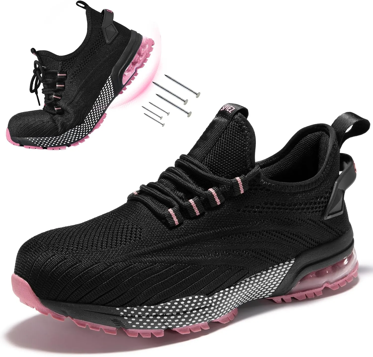 SPIEZ Composite Toe Safety Shoes for Women,Breathable Lightweight Non Slip Work Shoes,Air Cushion Safety Sneakers for Daily Casual Wear and Various Harsh Environments Black-Pink5-9.5