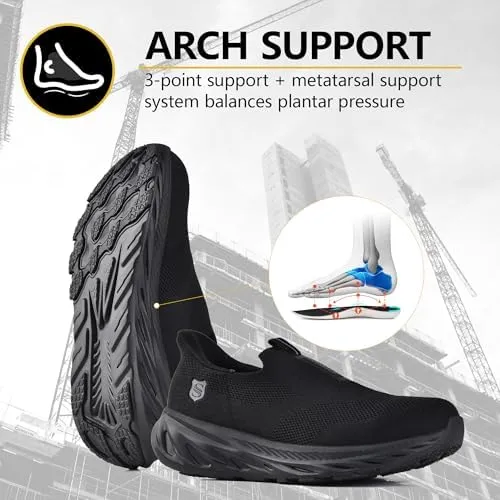 SUADEX Hands Free Slip On Steel Toe Shoes Indestructible Arch Support Steel Toe Sneakers Lightweight Work Safety Shoes Puncture Proof Composite Toe