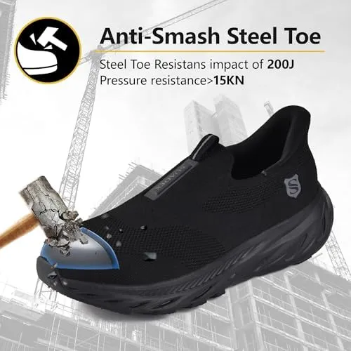 SUADEX Hands Free Slip On Steel Toe Shoes Indestructible Arch Support Steel Toe Sneakers Lightweight Work Safety Shoes Puncture Proof Composite Toe