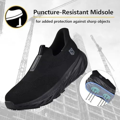 SUADEX Hands Free Slip On Steel Toe Shoes Indestructible Arch Support Steel Toe Sneakers Lightweight Work Safety Shoes Puncture Proof Composite Toe