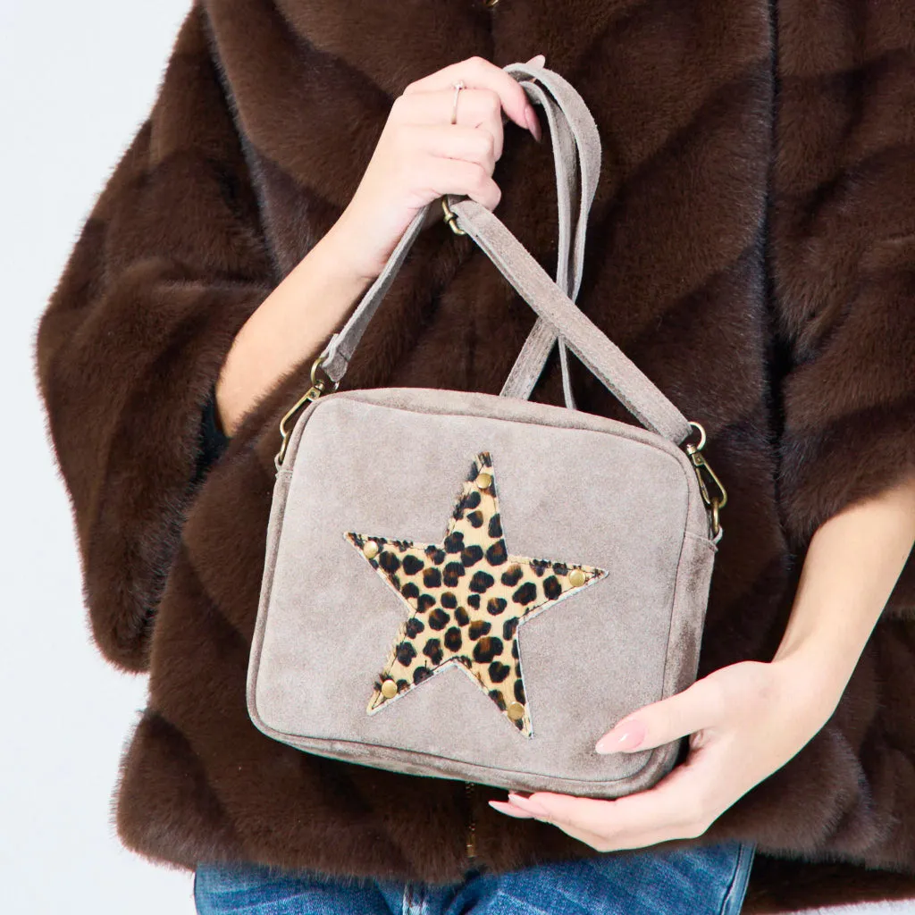 Suede crossbody bags with leopard star patch wholesale