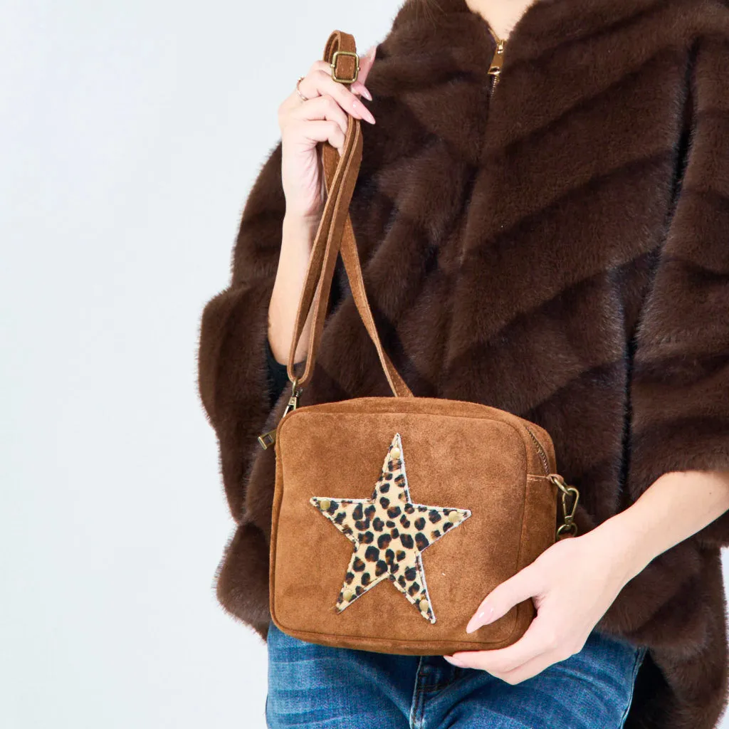 Suede crossbody bags with leopard star patch wholesale