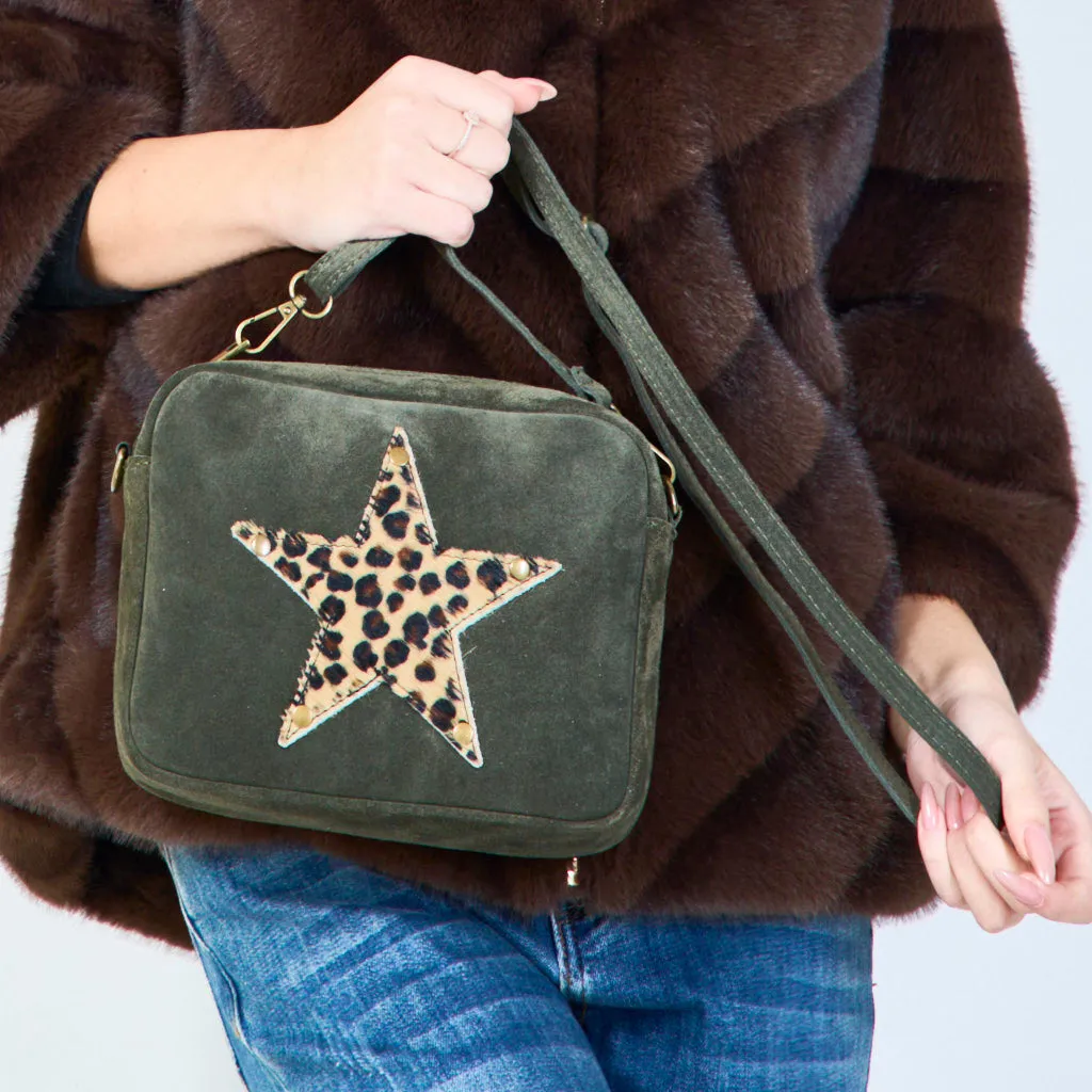 Suede crossbody bags with leopard star patch wholesale