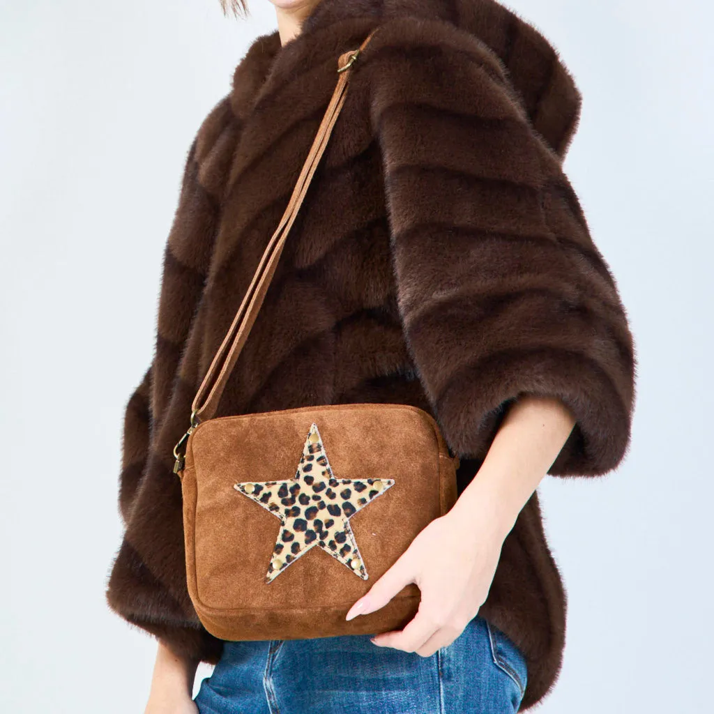 Suede crossbody bags with leopard star patch wholesale