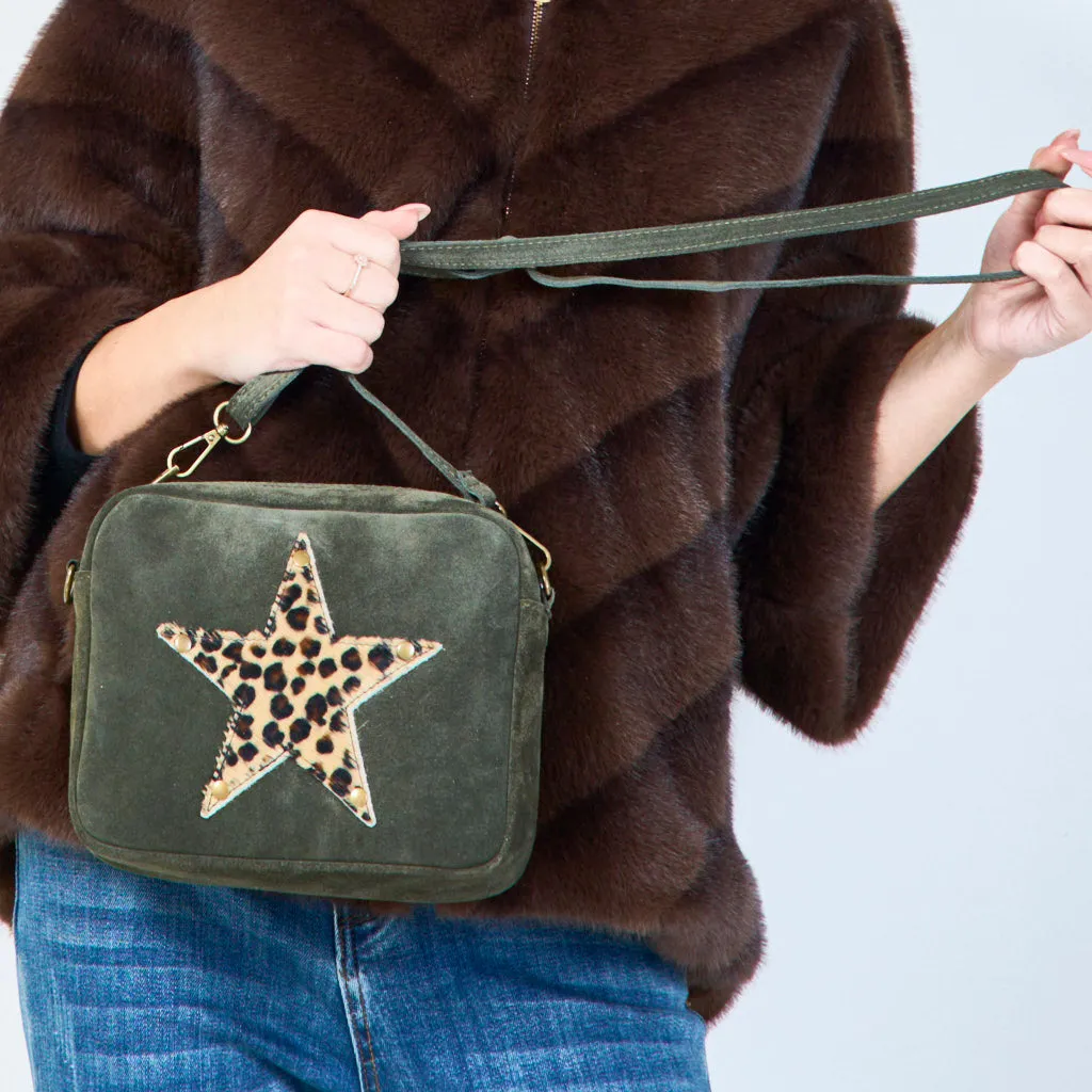 Suede crossbody bags with leopard star patch wholesale