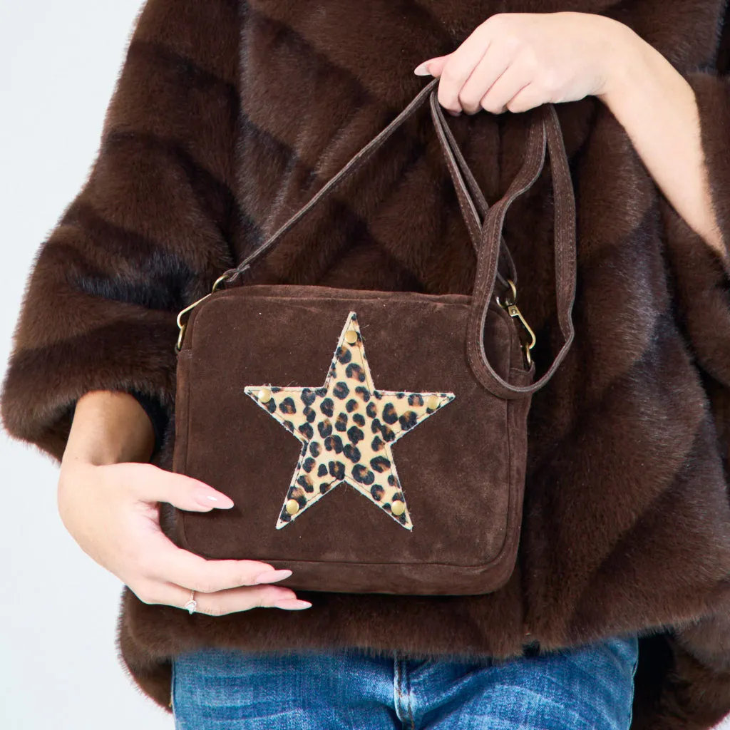 Suede crossbody bags with leopard star patch wholesale