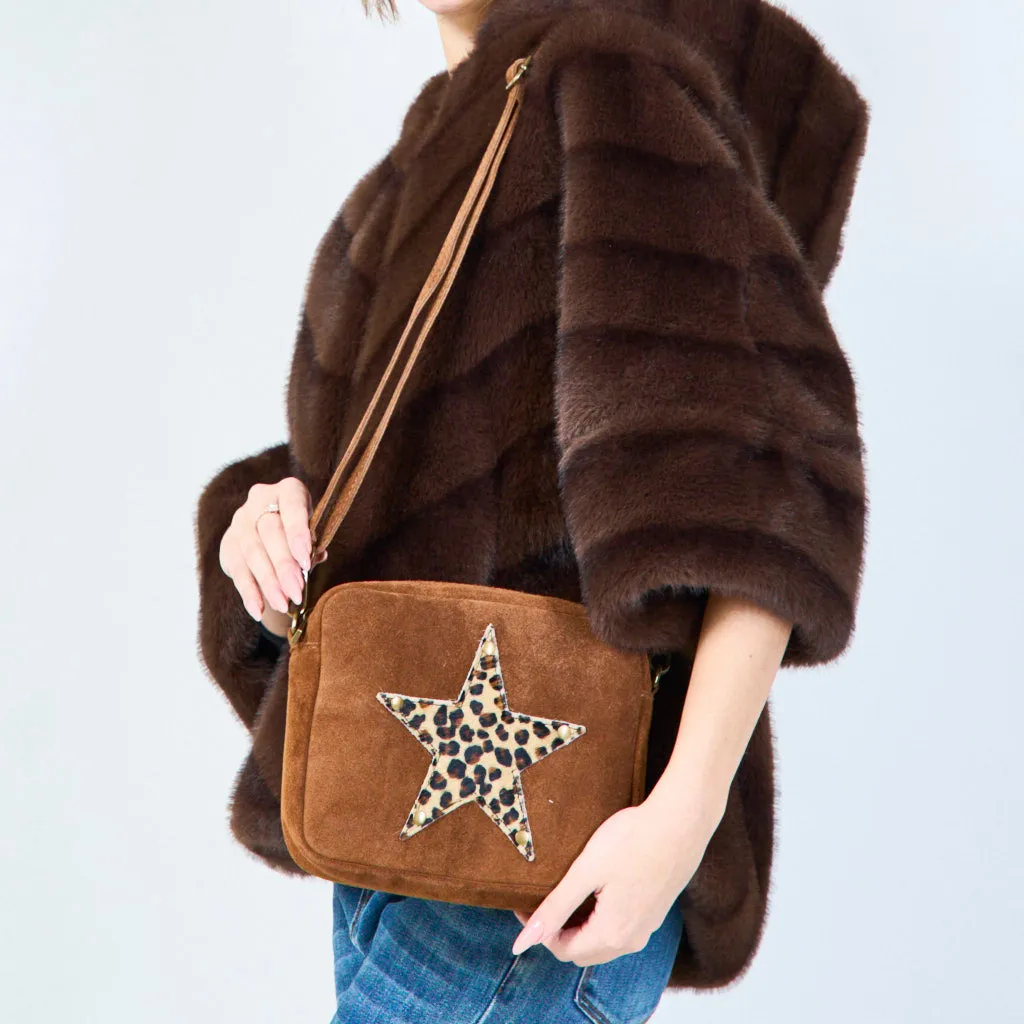Suede crossbody bags with leopard star patch wholesale