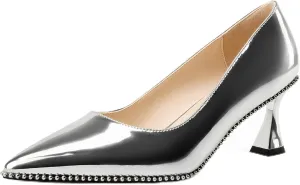 TNYNFBEB Womens Kitten Heel Pointed Toe Pumps Slip-on Sliver Beaded Prom Wedding Dress Basic Classic Patent Leather Summer 2.6 Inches Heels