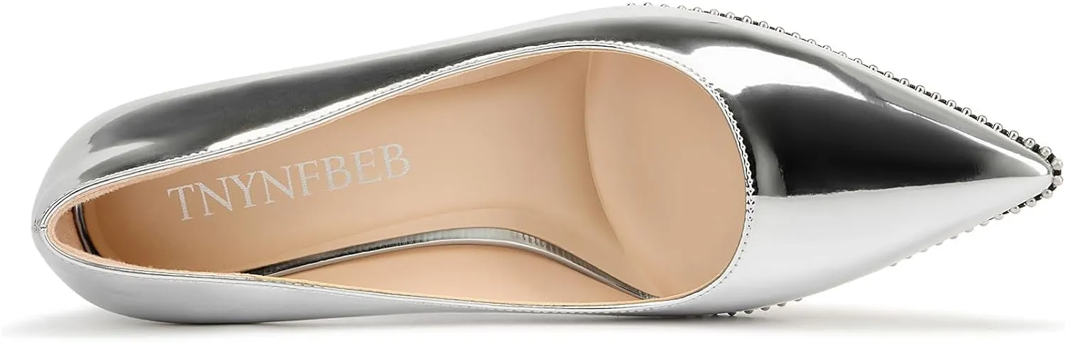 TNYNFBEB Womens Kitten Heel Pointed Toe Pumps Slip-on Sliver Beaded Prom Wedding Dress Basic Classic Patent Leather Summer 2.6 Inches Heels