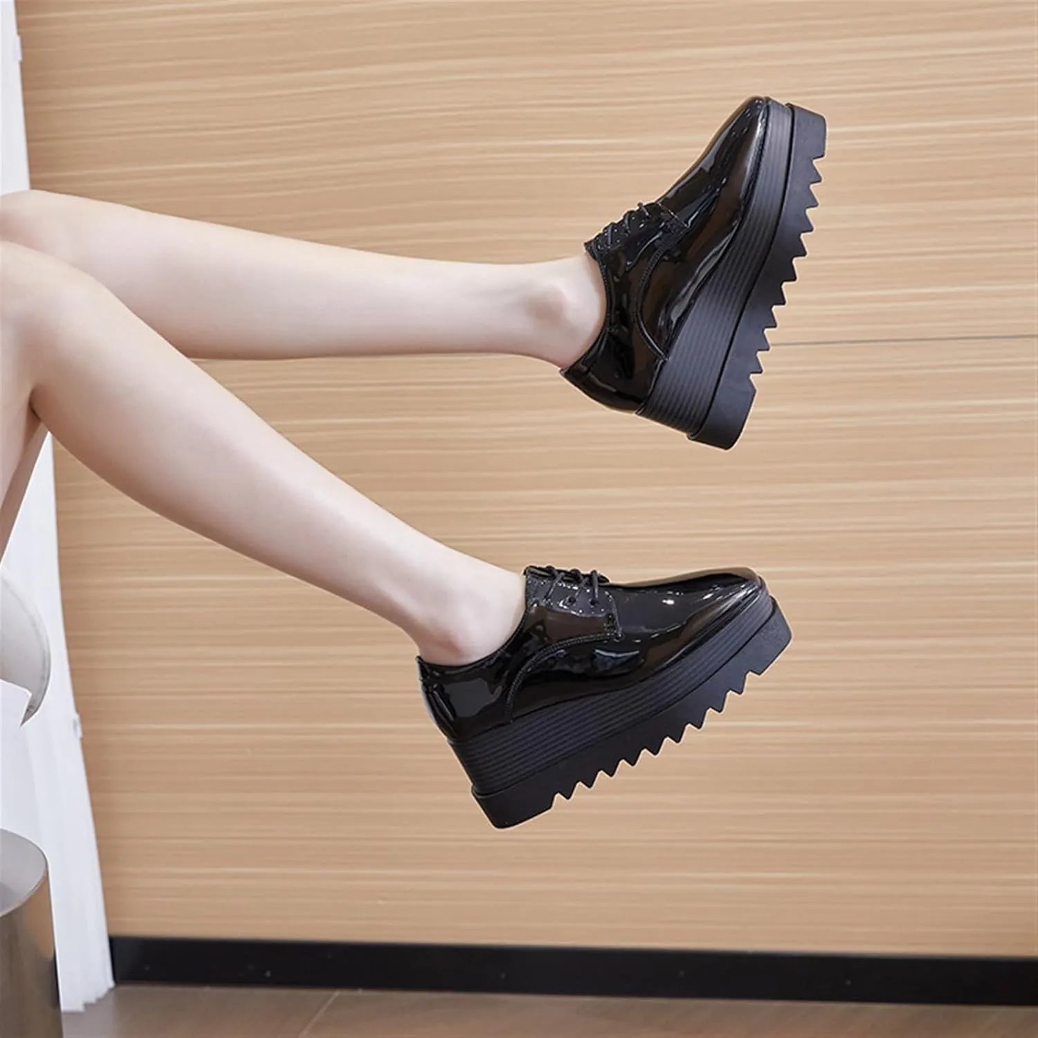 TOSOFT Patent Leather Oxfords for Women Fashion Black Chunky Heel Height Increase Platform Business Work Dress Wedge Shoes