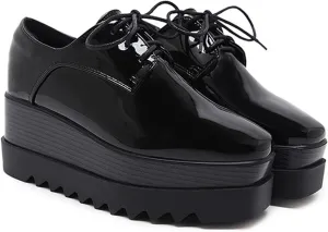 TOSOFT Patent Leather Oxfords for Women Fashion Black Chunky Heel Height Increase Platform Business Work Dress Wedge Shoes