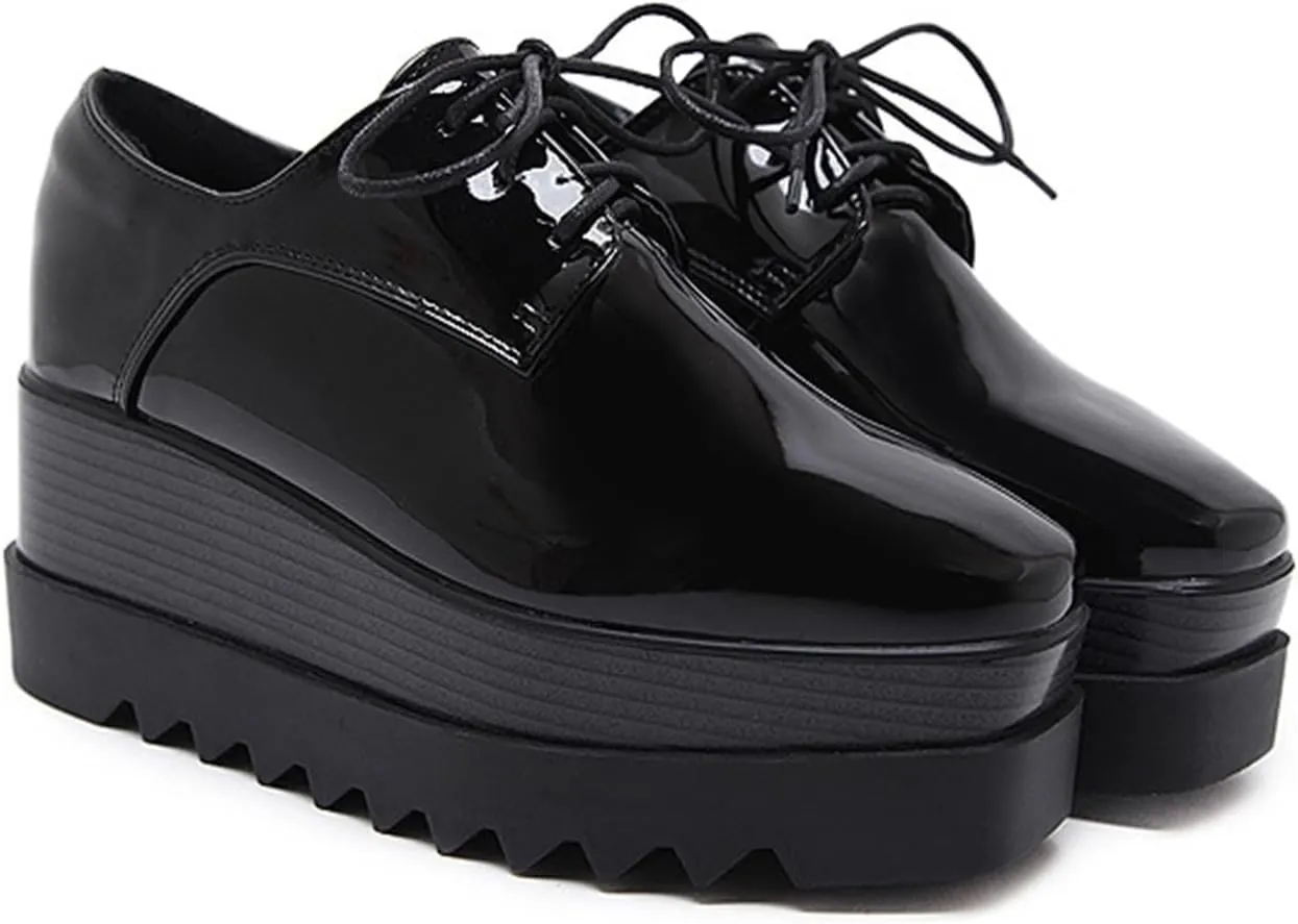 TOSOFT Patent Leather Oxfords for Women Fashion Black Chunky Heel Height Increase Platform Business Work Dress Wedge Shoes
