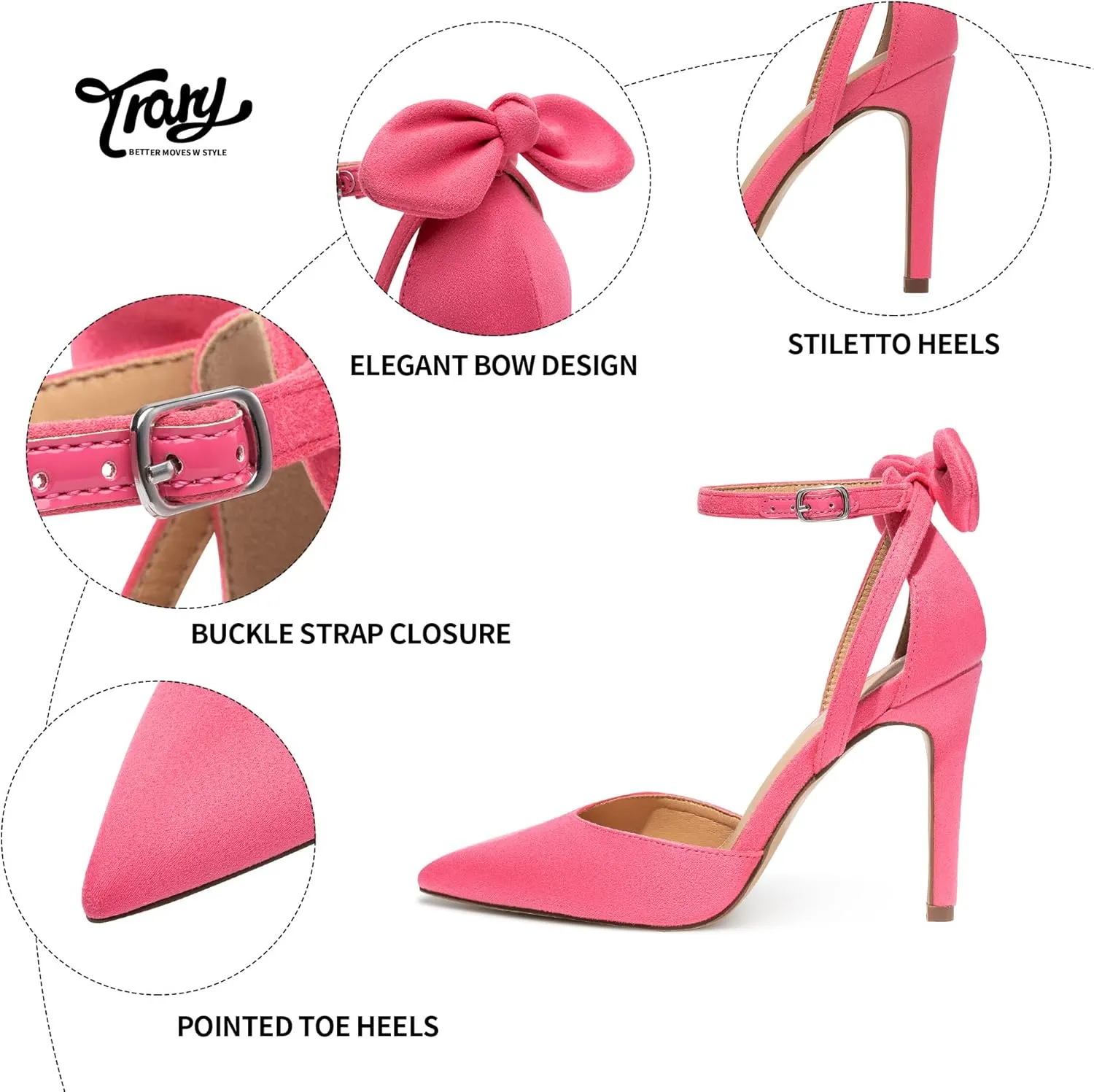 Trary Heels for Women Closed Pointed Toe Heels Women's Pumps Stiletto High Shoes with Bow Knot Comfortable Ankle Strap Office Party Wedding Dress Shoes 3.74" Heel
