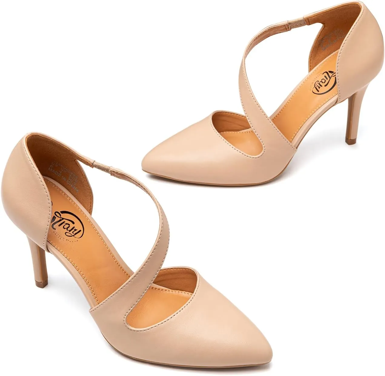 Trary Heels for Women Dress Closed Pointed Toe Heels Comfortable Stiletto High Heels Pumps Sexy Slip On D'Orsay Pumps with Cross Elastic Straps Work Wedding Party Shoes for Women