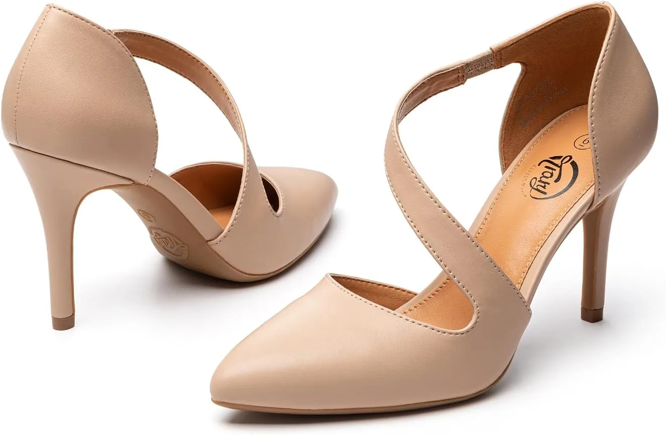Trary Heels for Women Dress Closed Pointed Toe Heels Comfortable Stiletto High Heels Pumps Sexy Slip On D'Orsay Pumps with Cross Elastic Straps Work Wedding Party Shoes for Women