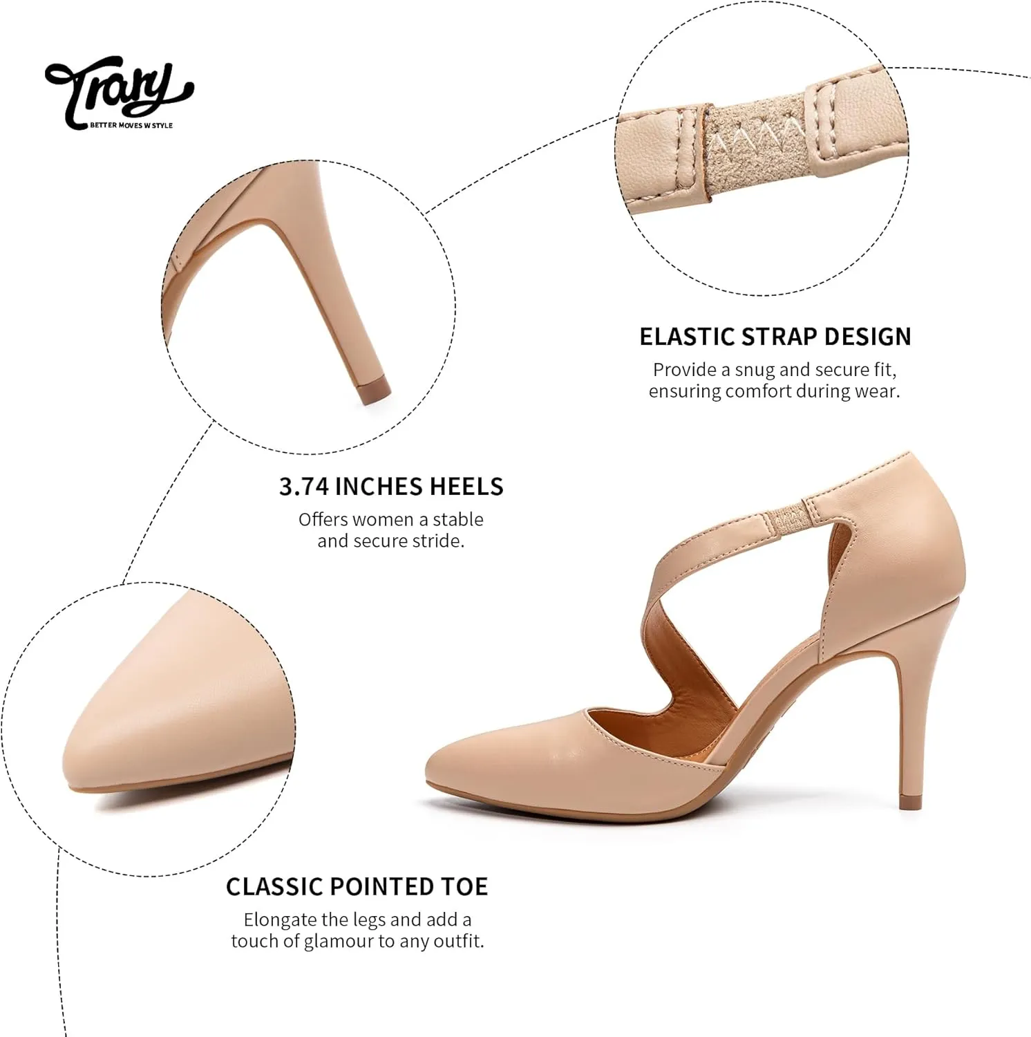 Trary Heels for Women Dress Closed Pointed Toe Heels Comfortable Stiletto High Heels Pumps Sexy Slip On D'Orsay Pumps with Cross Elastic Straps Work Wedding Party Shoes for Women