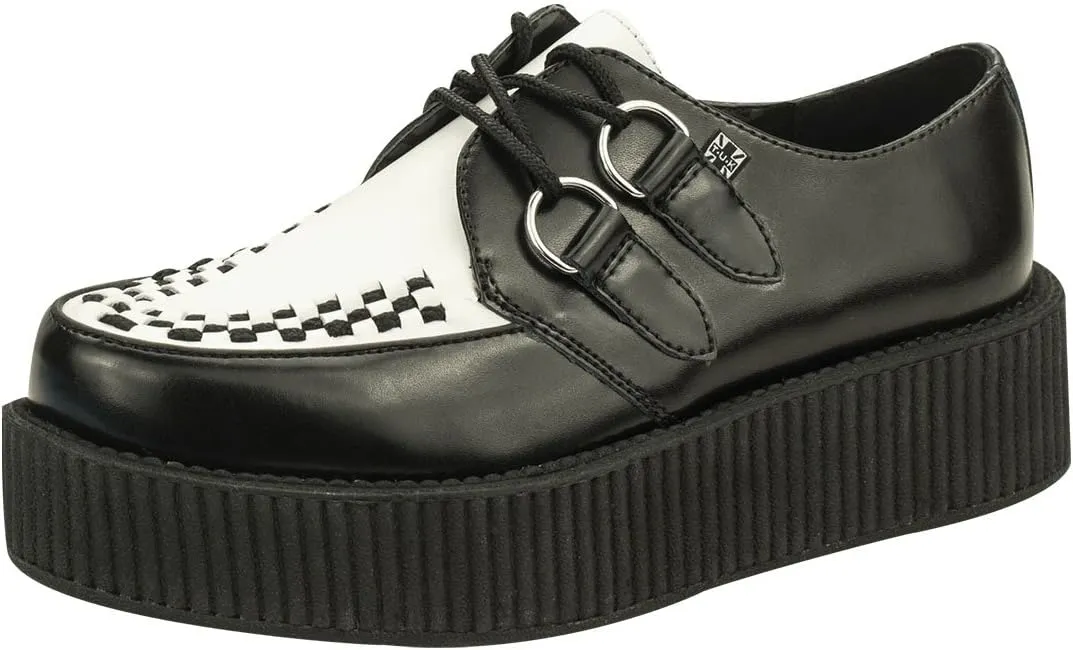 T.U.K. Black/White Leather Viva Mondo Creepers Shoes for Women and Men, Lace Up Platform Shoes | US Women 5 / Men 3