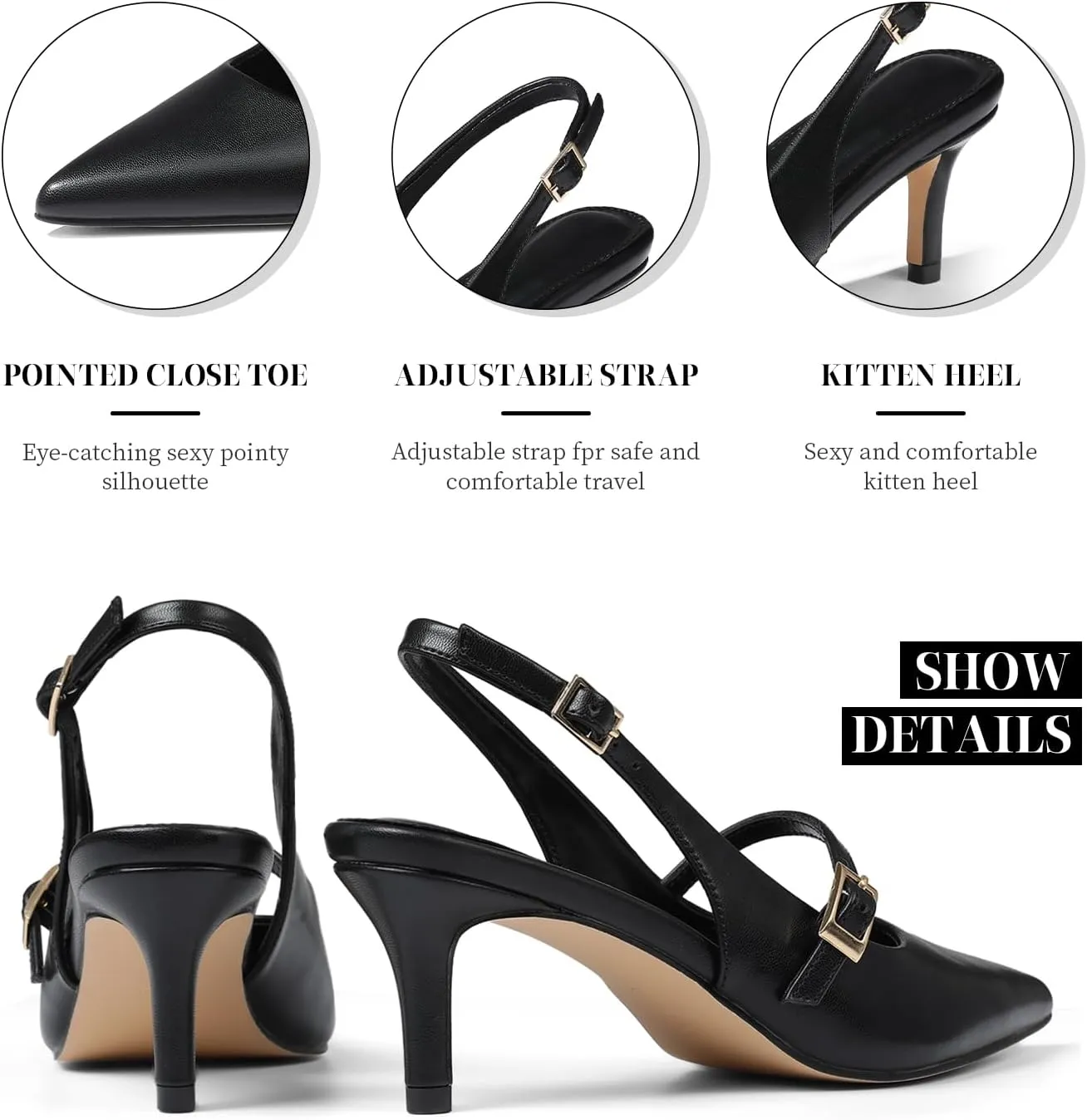 Uacllcau Slingback Kitten Heels for Women Pointed Toe Stiletto Heels Slip On Metallic Slingback Pumps Dress Work Bride Wedding Heeled Sandals Shoes