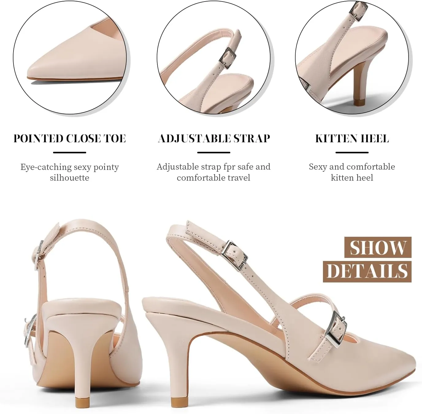 Uacllcau Slingback Kitten Heels for Women Pointed Toe Stiletto Heels Slip On Metallic Slingback Pumps Dress Work Bride Wedding Heeled Sandals Shoes