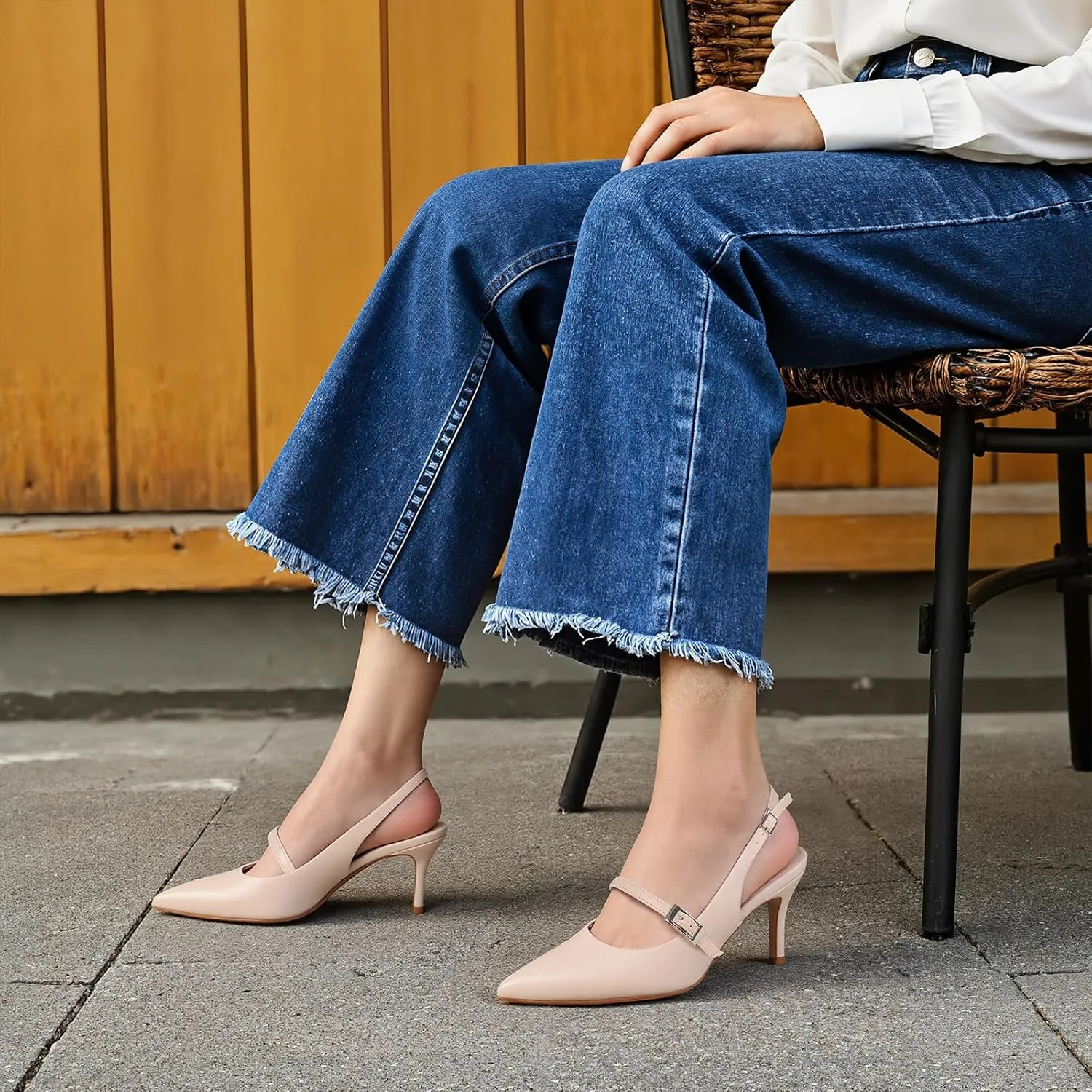 Uacllcau Slingback Kitten Heels for Women Pointed Toe Stiletto Heels Slip On Metallic Slingback Pumps Dress Work Bride Wedding Heeled Sandals Shoes