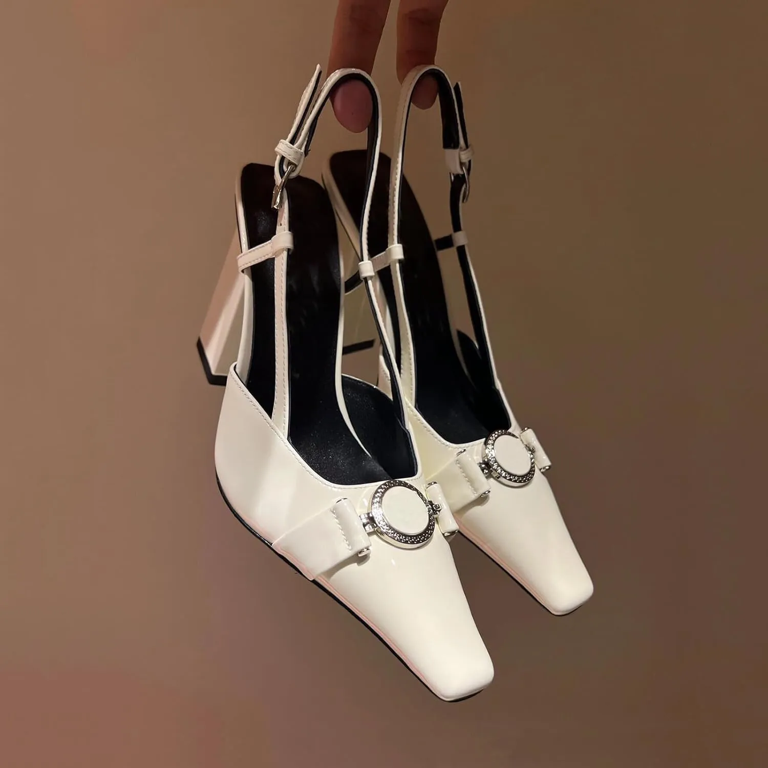 Vertundy Women Slingback High Heel Sandals Chunky Pumps Block Heel Closed Square Toe Buckle Pumps Wedding Dress Shoes Lady