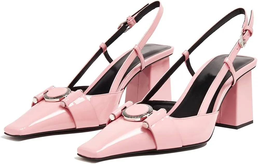 Vertundy Women Slingback High Heel Sandals Chunky Pumps Block Heel Closed Square Toe Buckle Pumps Wedding Dress Shoes Lady