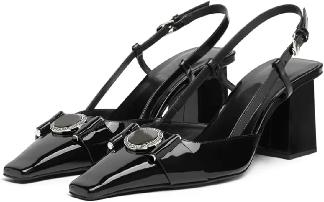Vertundy Women Slingback High Heel Sandals Chunky Pumps Block Heel Closed Square Toe Buckle Pumps Wedding Dress Shoes Lady