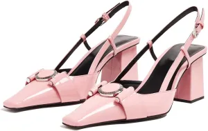 Vertundy Women Slingback High Heel Sandals Chunky Pumps Block Heel Closed Square Toe Buckle Pumps Wedding Dress Shoes Lady