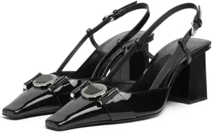 Vertundy Women Slingback High Heel Sandals Chunky Pumps Block Heel Closed Square Toe Buckle Pumps Wedding Dress Shoes Lady