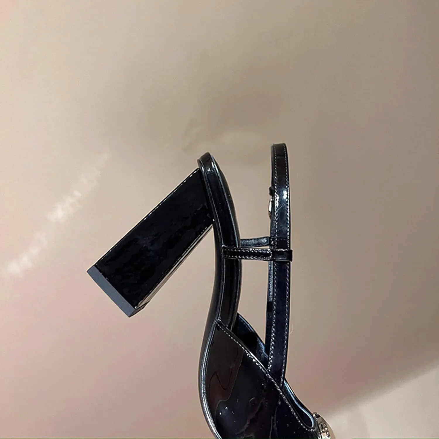 Vertundy Women Slingback High Heel Sandals Chunky Pumps Block Heel Closed Square Toe Buckle Pumps Wedding Dress Shoes Lady