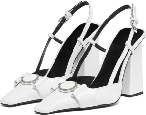 Vertundy Women Slingback High Heel Sandals Chunky Pumps Block Heel Closed Square Toe Buckle Pumps Wedding Dress Shoes Lady