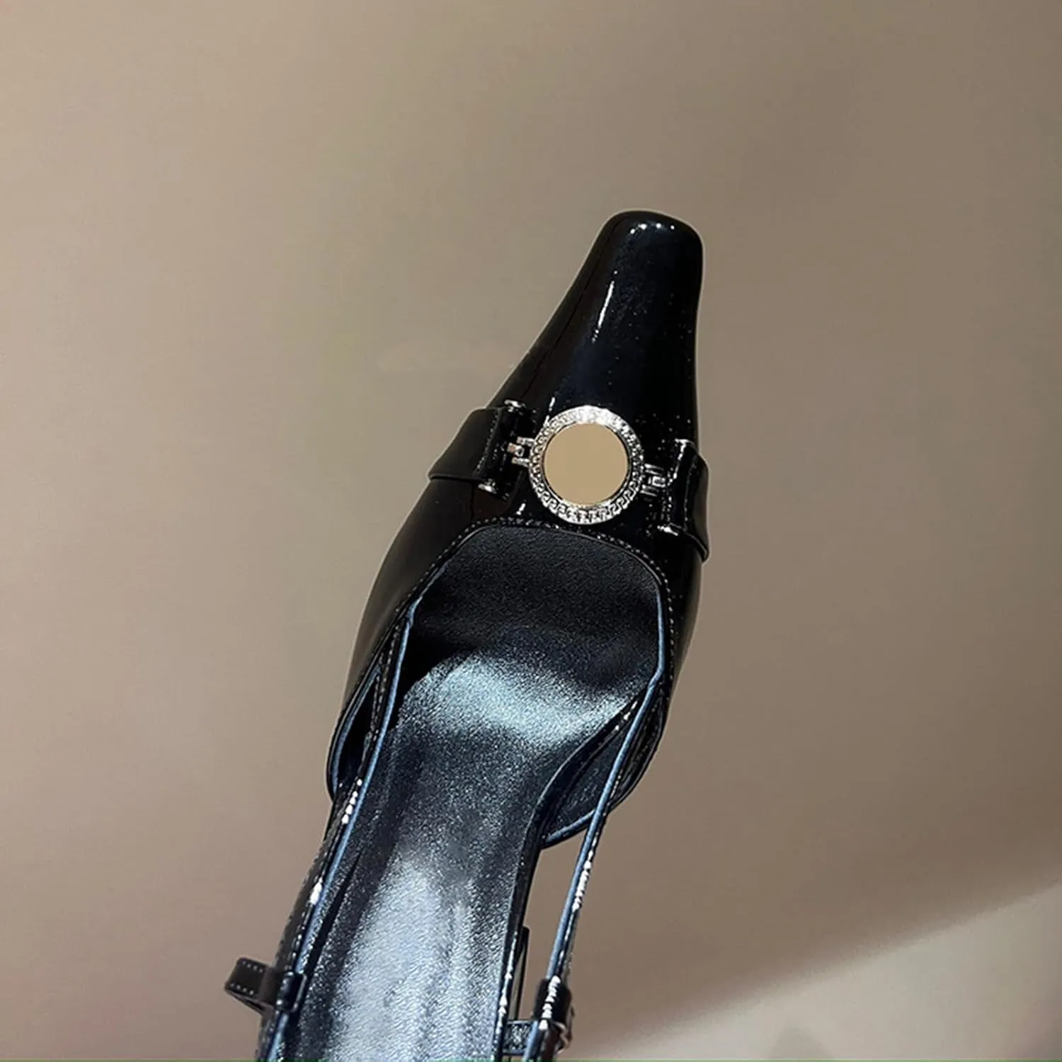 Vertundy Women Slingback High Heel Sandals Chunky Pumps Block Heel Closed Square Toe Buckle Pumps Wedding Dress Shoes Lady