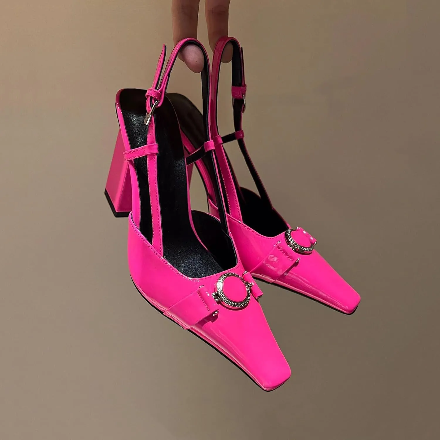 Vertundy Women Slingback High Heel Sandals Chunky Pumps Block Heel Closed Square Toe Buckle Pumps Wedding Dress Shoes Lady