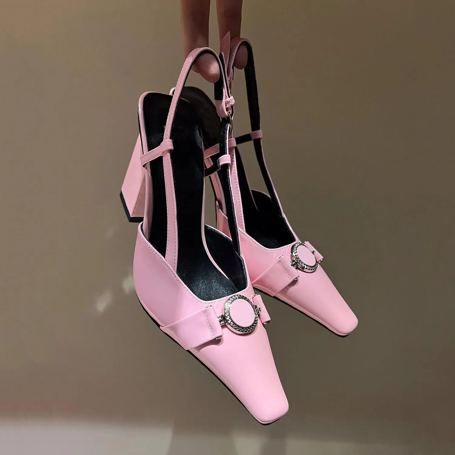 Vertundy Women Slingback High Heel Sandals Chunky Pumps Block Heel Closed Square Toe Buckle Pumps Wedding Dress Shoes Lady