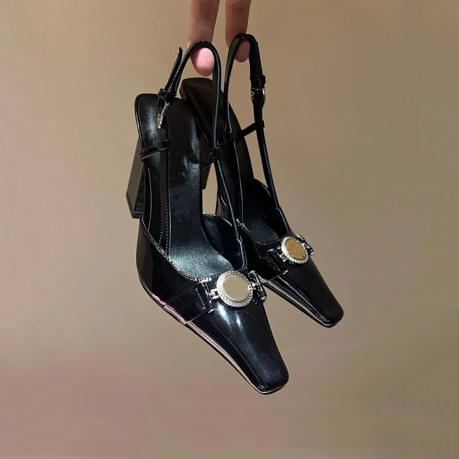 Vertundy Women Slingback High Heel Sandals Chunky Pumps Block Heel Closed Square Toe Buckle Pumps Wedding Dress Shoes Lady