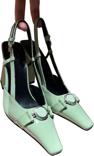 Vertundy Women Slingback High Heel Sandals Chunky Pumps Block Heel Closed Square Toe Buckle Pumps Wedding Dress Shoes Lady