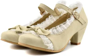 VOKLIN Women's Girls Lolita Mary Jane Shoes Sweet Bow Lace Ankle Strap Low Heel Princess Oxford Dress Pumps