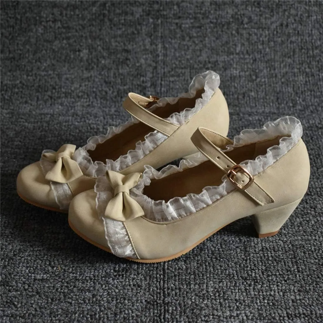VOKLIN Women's Girls Lolita Mary Jane Shoes Sweet Bow Lace Ankle Strap Low Heel Princess Oxford Dress Pumps