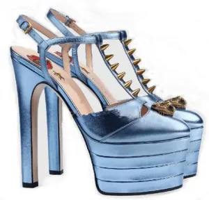 WOilERQ Platform Chunky High Heels Sandals Closed Round Toe Ankle T-Strap Pumps Slingback 16Cm Heels Fashion Studded Rivet Show Party Wedding Dress Shoes,Blue,9