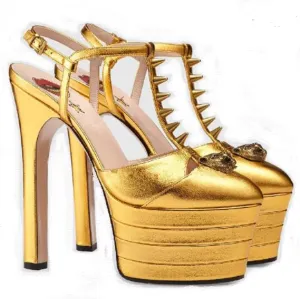 WOilERQ Platform Chunky High Heels Sandals Closed Round Toe Ankle T-Strap Pumps Slingback 16Cm Heels Fashion Studded Rivet Show Party Wedding Dress Shoes,Gold,7.5